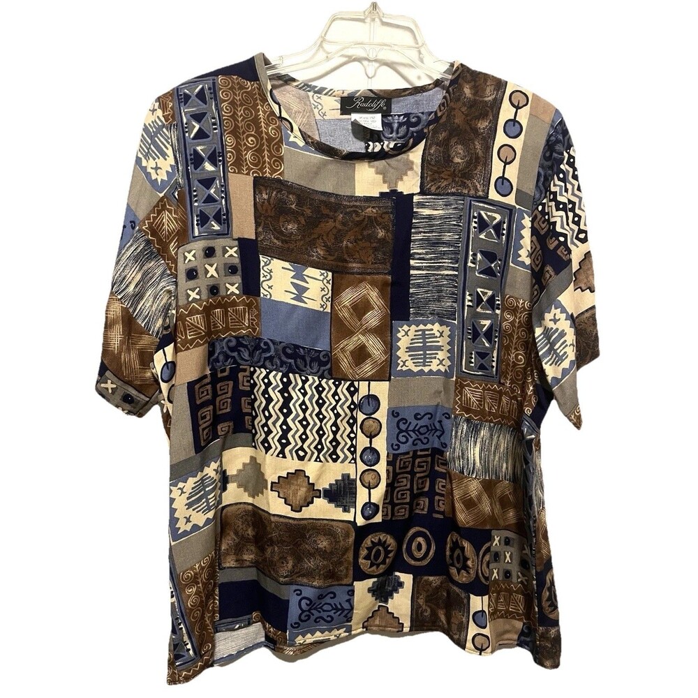 Vintage Radcliffe Geometric Patchwork Print Rayon Short Sleeve Blouse Large